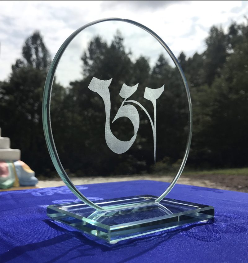 Etched glass with Tibetan “A” Calligraphy by Tenzin Wangyal Rinpoche